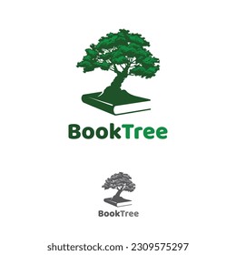 Diseño del logo del árbol de libros con silueta de árbol y objeto de libro
