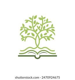 Book tree logo design template. Book tree logo green growing on icon vector image. Education logo template vector icon design.