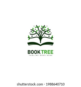 Book of tree logo, green tree growing on book icon illustration symbol of growth and improvement