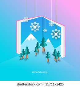 book and tree with snow and graduation, cute design cocept