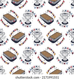 Book and Trophy cup. Seamless pattern on a white background. Cute vector illustration.