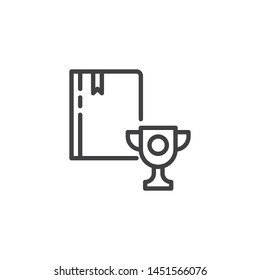 Book with trophy or winning cup line icon. linear style sign for mobile concept and web design. best-seller book outline vector icon. Education symbol, logo illustration. Vector graphics