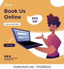 Book us online banner design. Salon man is showing a laptop for online booking. Vector graphic illustration.