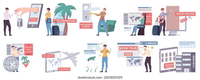 Book vacation trip set with flat isolated icons of gadgets world maps airplanes and human characters vector illustration