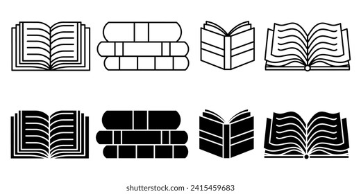 Book. Vector collection of book icon illustrations. Black icon design.