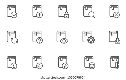Conjunto de iconos de línea plana de Vector. Audiolibro, Descarga E-Book, Compra un Libro. Trazo Editable. 48x48 píxeles perfecto.