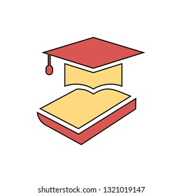 Book with vector graduation cap - education icon, academic university hat illustration
