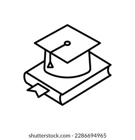 Libro con tapa de graduación vectorial. Icono de la educación, ilustración del sombrero universitario académico. Razo vector modificable. Pixel Perfect escalable