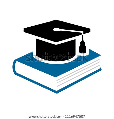 Book with vector graduation cap - education icon, academic university hat illustration