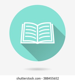 Book   vector icon with long shadow. White illustration isolated on green background for graphic and web design.  