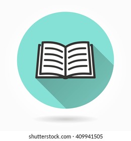 Book   vector icon with long shadow. White illustration isolated on green background for graphic and web design.  