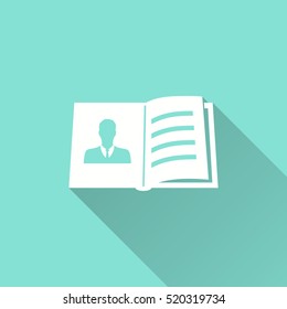 Book vector icon with long shadow. White illustration isolated on green background for graphic and web design.