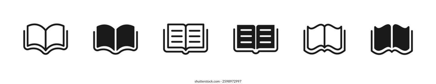 Book vector icon set. Books open flat and outline icons.