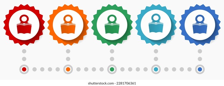 Juego de iconos de vectores de libros, plantilla de infografía colorida, conjunto de iconos de insignias de diseño plano en 5 opciones de color