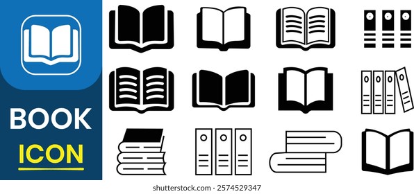 Book vector icon set. Education icon, Book vector illustration. Literature, publishing house, library pictograms collection. Reading festival, book club logos. Vector illustration.