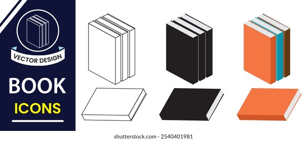 Buchvektor, Symbol, Zeichen und Symbol. Satz von Büchersymbolen, Vektorsatz. Buch Silhouette, Magazin, E-Book und mehr. Einfaches Buchsymbol-Design für Logo, App, Website. Vektorgrafik.