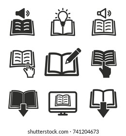 Book vector icons set. Black illustration isolated for graphic and web design.