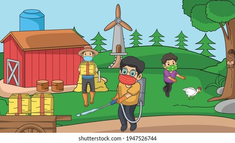 book vector illustration background in the farm.people using health protocol.
