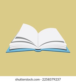 Book vector illustration with blue covered opened book with pages fluttering. Book icon, design, symbol, isolated on beige background