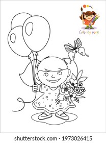 Сoloring book, vector illustration of a girl with flowers and balloons.
