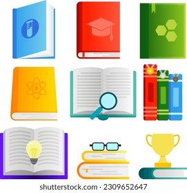 Book vector illustration set. Books icon pack vector. Colorful book icons for symbol education, school, study, student and library. Back to school stationery design graphic resource