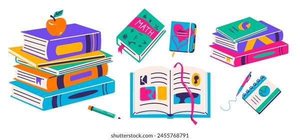 Ilustración vectorial de libros. Pilas de libros escolares para leer, estudiar. Cuaderno con marcador. Abrir libro escolar, vista superior. Lindo gráfico para diseño de literatura.