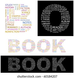 BOOK. Vector letter collection. Illustration with different association terms.