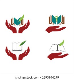 Book vector logo with hand and leaf