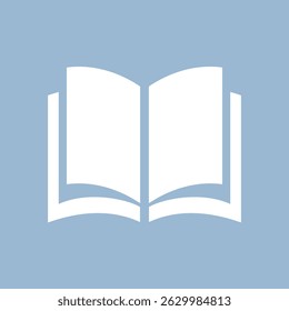 Book vector web icon isolated on blue background. Simple silhouette pictogram of open book. Vector flat symbol of literature, reading, learning and education.