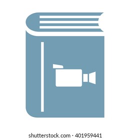 Book with video camera on the front cover. Vector icon.