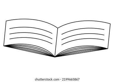 Book. View from above. Sketch. Vector illustration. Edition in an open position with text on the pages. Coloring book for children. Doodle style. Outline on isolated background. 
