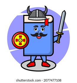 Book viking pirate character cartoon with hat and holding sword and shield in cute style design for t-shirt, sticker, logo element, poster