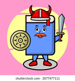 Book viking pirate character cartoon with hat and holding sword and shield in cute style design for t-shirt, sticker, logo element, poster
