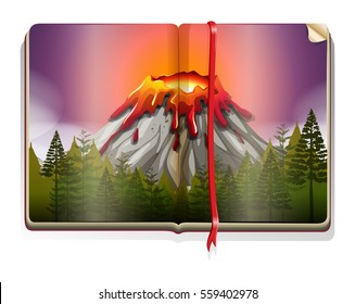 Book with volcano eruption scene illustration