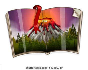 Book with volcano scene illustration