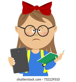 Book vs e-book. Elementary school student girl with glasses holding traditional textbook and ebook reader. The choice between paper books and education with electronic gadgets.