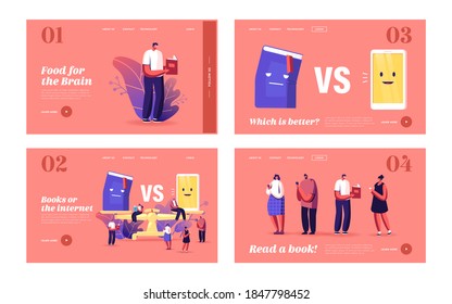 Book vs Phone Landing Page Template Set. Tiny Characters Reading at Huge Scales. Innovative Technologies in Education, Literature, Digital Device for Read Books. Cartoon People Vector Illustration