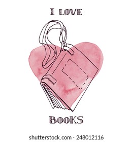 Book with watercolor heart, I love books vector illustration, hand-drawn design element.