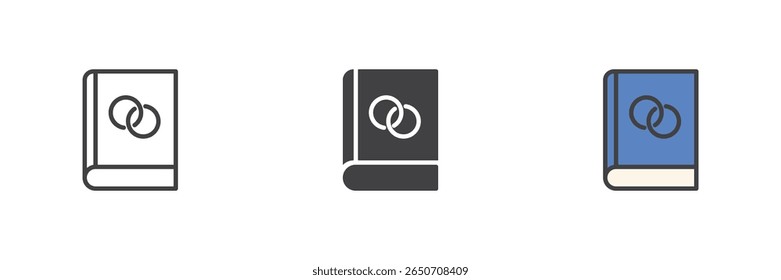 Book with wedding rings icon set. Includes line, solid glyph and colorful filled outline styles. Marriage, ceremony and love themed vector book icon symbol.