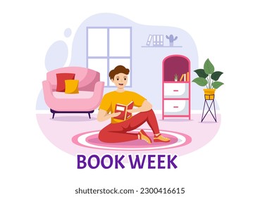 Book Week Events Vector Illustration with People Reading or Students Study Textbooks in Flat Cartoon Hand Drawn Landing Page Templates