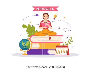 Book Week Events Vector Illustration with People Reading or Students Study Textbooks in Flat Cartoon Hand Drawn Landing Page Templates