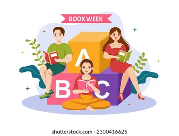 Book Week Events Vector Illustration with People Reading or Students Study Textbooks in Flat Cartoon Hand Drawn Landing Page Templates