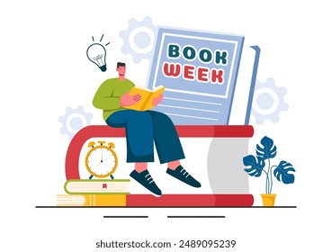 Ilustración vectorial de eventos de la semana del libro con Personas Leyendo o estudiantes estudiando libros de texto en un fondo de dibujos animados de estilo plano