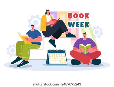 Book Week Events Vector Illustration with People Reading or Students Studying Textbooks in a Flat Style Cartoon Background