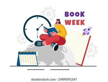 Ilustración vectorial de eventos de la semana del libro con Personas Leyendo o estudiantes estudiando libros de texto en un fondo de dibujos animados de estilo plano