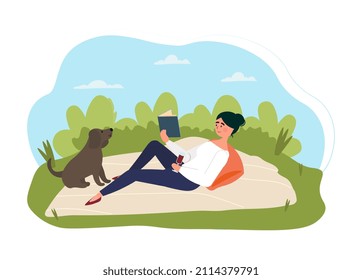 Book while drinking. Girl lies on blanket along with book and dog. Useful outdoor recreation. Character and pet. Hobby and self development. Education and learning. Cartoon flat vector illustration