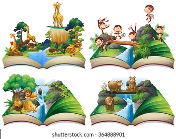 Book With Wild Animals In The Jungle Illustration