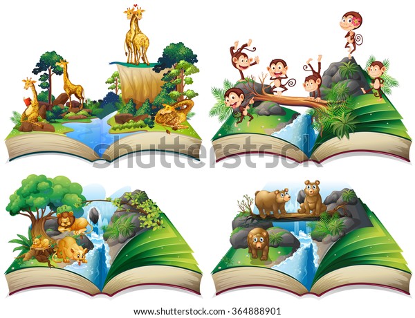 ジャングルのイラストに野生の動物が入った本 のベクター画像素材 ロイヤリティフリー