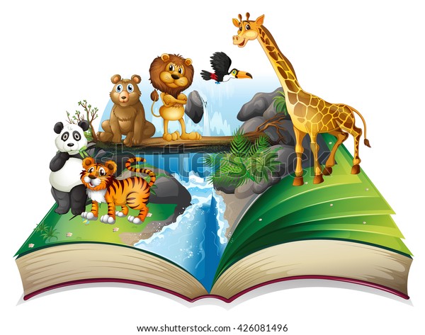 Book of wild\
animals at waterfall\
illustration