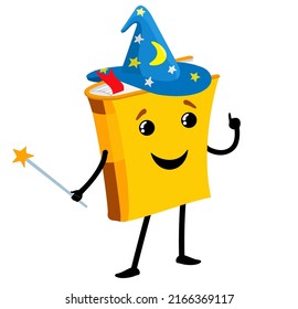 Book in a wizard's hat. Сute fascinating book character with a fantastic world inside, exploration and creativity, inspiration, and imagination concept. 